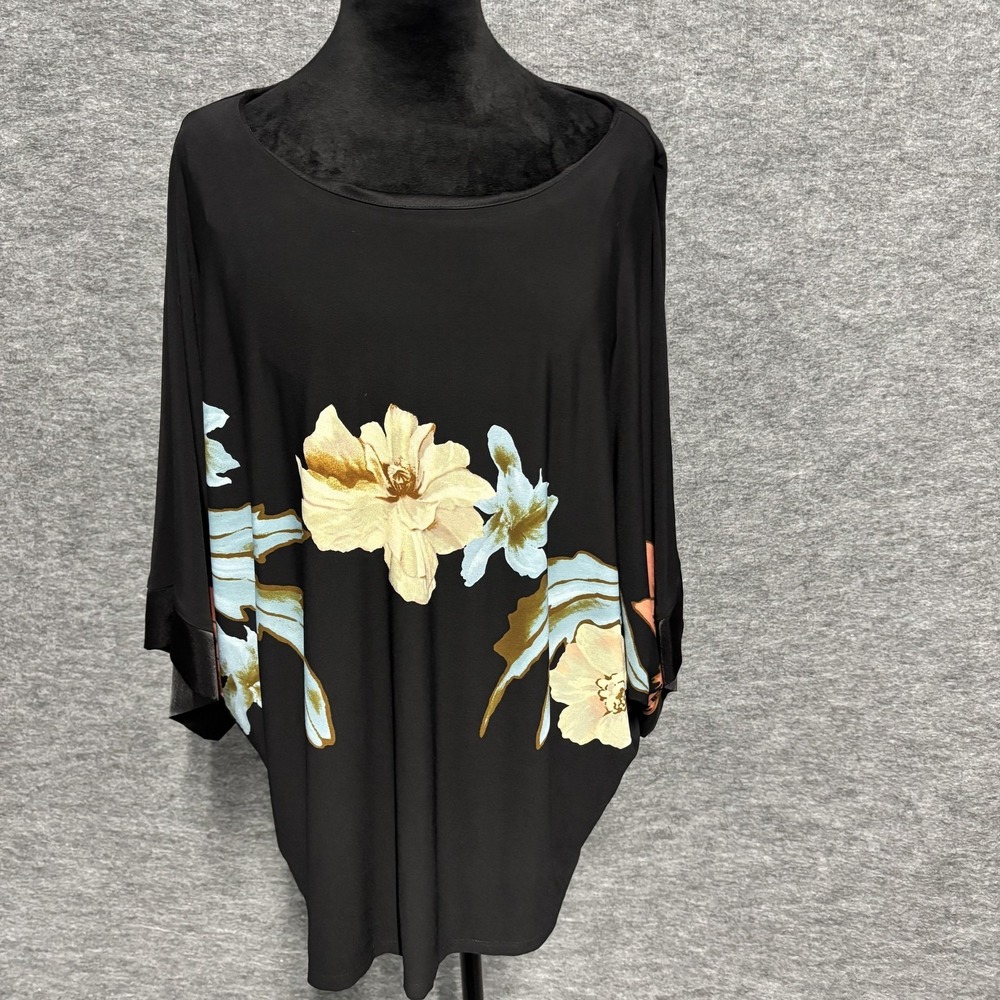 Frank Lyman Blouse Womens 14 Black Floral Kimono Sleeve Scoop Neck Tunic Top - Picture 2 of 13